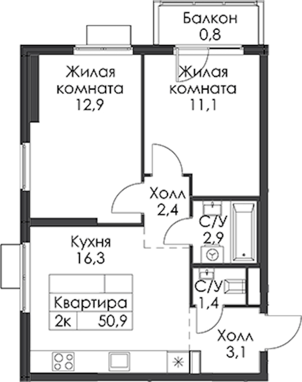 2-комнатная квартира 50.9 м², 11/24 эт., ЖК «Заречный парк»